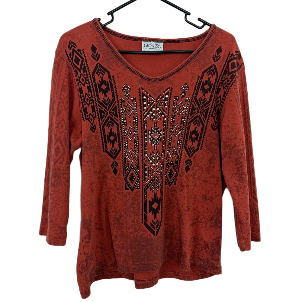 Cactus Bay Shirt Womens XL Rust Southwestern Tribal Studded 3/4 Sleeve Cotton